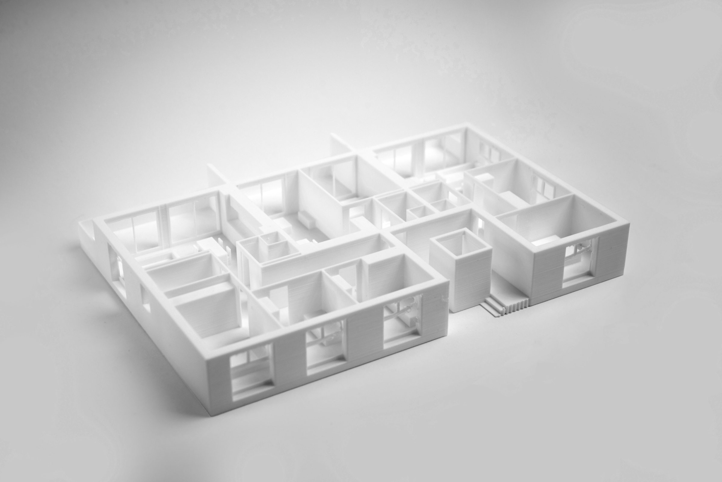 Vue en perspective de la maquette d’un étage d’immeuble PPE au 1:100